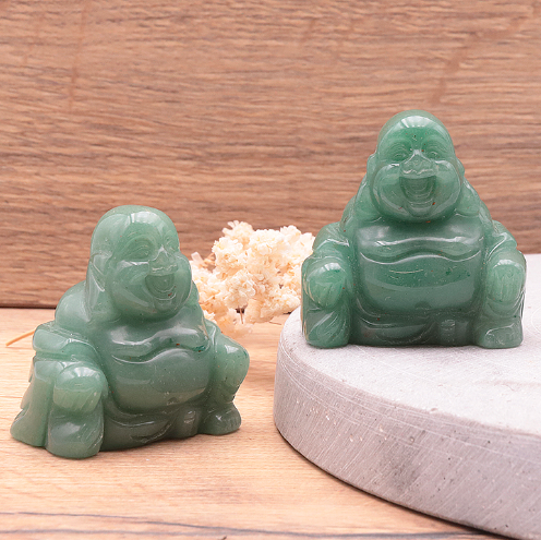 Grüner Aventurin Buddha-Duo „Golden Harvest“ – Handgeschnitzte Glücksbringer (50 mm)
