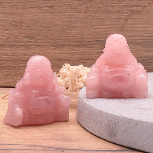 Rosenquarz Buddha-Duo „Heart’s Blessing“ – Handgeschnitzte Glücksbringer (50 mm)
