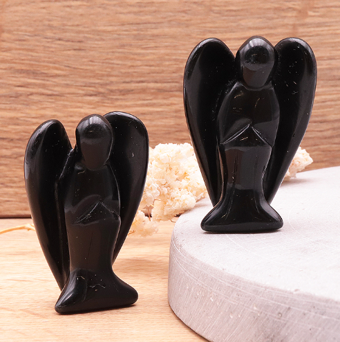 Schwarzer Obsidian Schutzengel-Duo „Shield of Light“ – Handgeschnitzte Edelstein-Figuren (50 mm)
