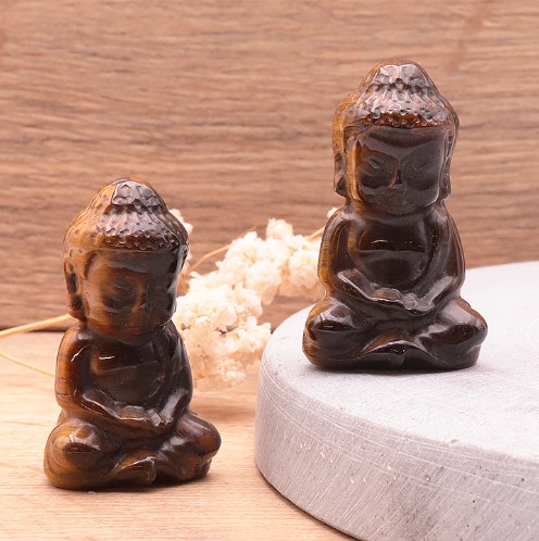 Tigerauge Buddha-Duo „Golden Focus“ – Handgeschnitzte Meditations-Wächter (50 mm)