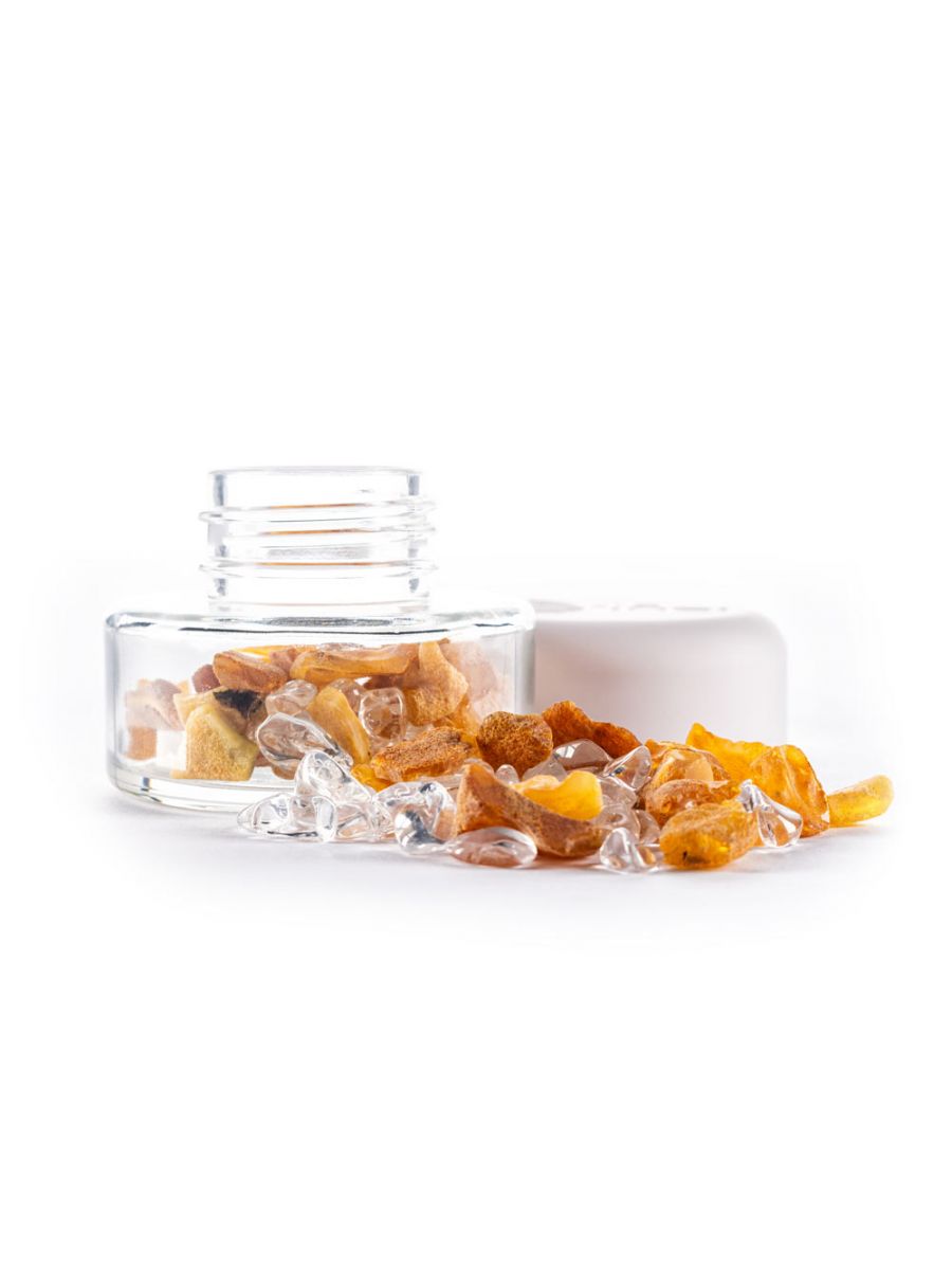 inu! Crystal Jar „AMBER“ – Bernstein & Bergkristall für Lebensfreude
